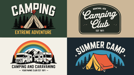 Fototapeta premium Four Camping Logo Designs Tent, RV, Summer Camp, and Camping Club Montana, USA