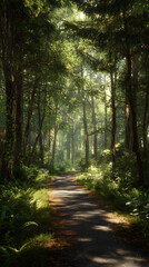 Naklejka premium Tranquil Adventure: Cycle Through Nature's Lush Canopy on a Serene Woodland Trail