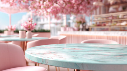 Charming cafe featuring marble tabletop, soft pink tones, floral arrangements, and spring-inspired design. cozy setting perfect for relaxation and enjoying light refreshments while soaking in ambiance