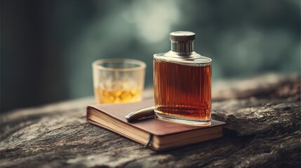 Whiskey Decanter, Glass, and Journal on Rustic Wood Table