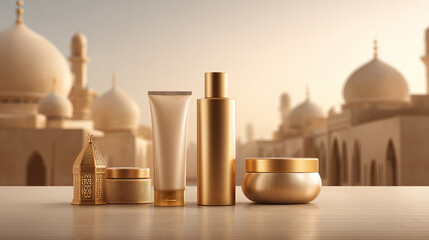 Luxurious cosmetic products arranged on a clean surface with intricate Middle Eastern architecture in the background, evoking sophistication, elegance, and beauty.