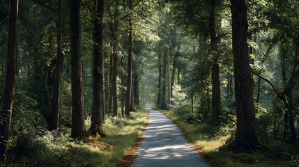 Fototapeta premium Tranquil Adventure: Cycle Through Nature's Lush Canopy on a Serene Woodland Trail