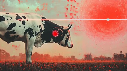 Futuristic Agricultural Landscape: Cybernetic Cow in a Glowing Industrial Field - Powered by Adobe