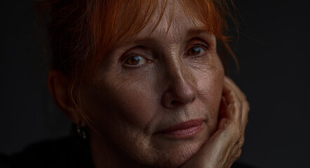 A portrait of an adult woman with red hair, looking at the camera in deep thought and sadness.