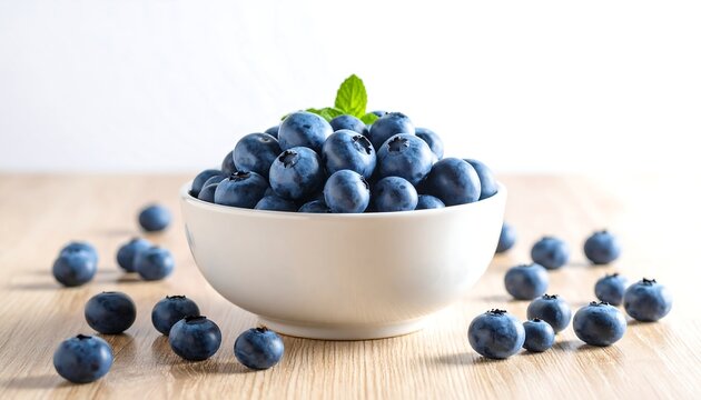 A white bowl filled with blueberries sits on a light wood surface, with a few berries scattered around it and a mint leaf as a garnish