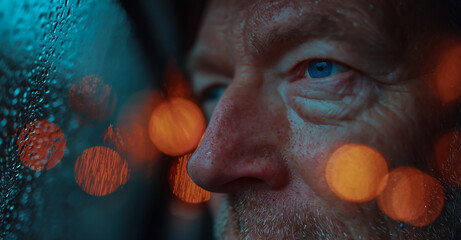 A portrait of an attractive man in his fifties. He is looking through the window on a rainy night.