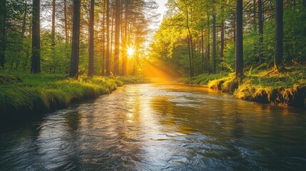 Obraz premium Serene River Flowing Through Lush Forest at Sunset