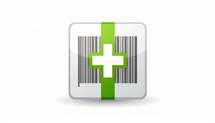 Barcode with a green plus symbol icon for adding a new product. Concept for inventory management and e-commerce.