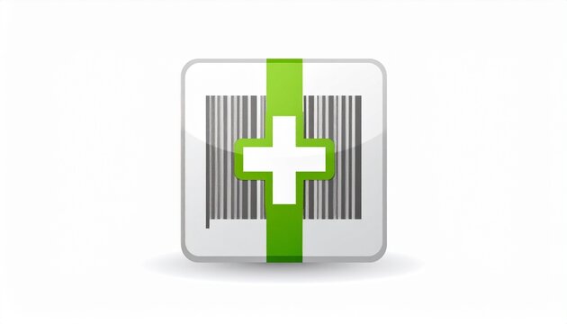 Barcode with a green plus symbol icon for adding a new product. Concept for inventory management and e-commerce.