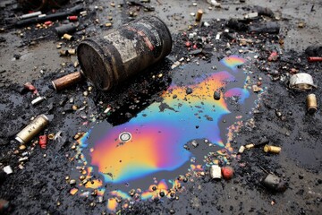 Oil spill on dark ground, littered with spent cartridges