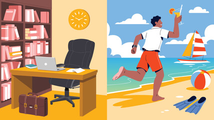 Office to Beach Man Running from Desk with Laptop, Books to Cocktail and Sailboat