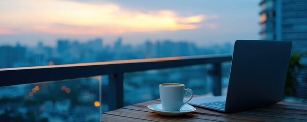 Enjoying a peaceful morning with coffee and a laptop on a balcony overlooking a cityscape at dawn.