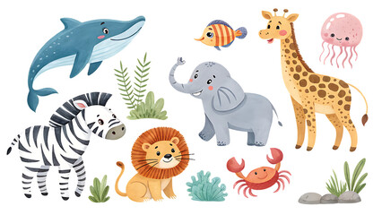 Naklejka premium Cute cartoon animals collection isolated on transparent background