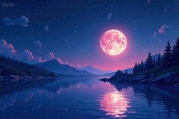 Naklejka premium Moon's reflection, shimmering water, cartoonish effect, landscape, clouds, cartoon