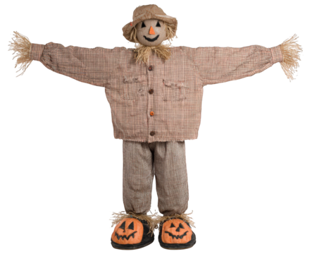Scarecrow with straw hat, button nose, plaid shirt, and pants, wearing jack o lantern shoes, arms outstretched, cheerful autumn decoration for Halloween or harvest festival