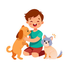 Vector Illustration Of Child With Cats And Dog
