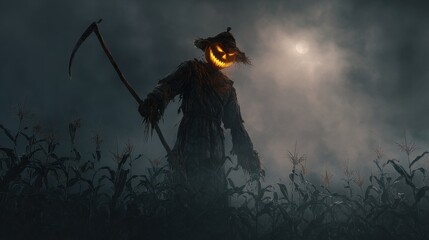 Creepy scarecrow with glowing pumpkin head, ragged clothes, and rusty scythe in eerie moonlit foggy cornfield.
