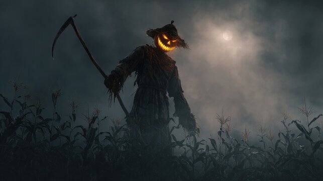Creepy scarecrow with glowing pumpkin head, ragged clothes, and rusty scythe in eerie moonlit foggy cornfield.