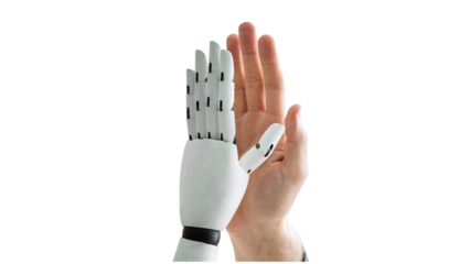 Human and Robot Highfive, Future Technology Collaboration Gesture, Man Meets Robotic Hand