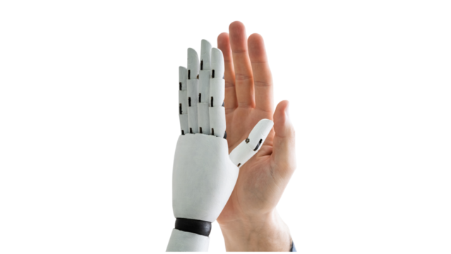 Human and Robot Highfive, Future Technology Collaboration Gesture, Man Meets Robotic Hand