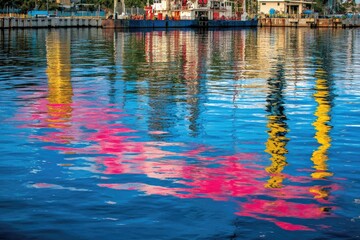 Vibrant reflections of colorful port cranes on calm water