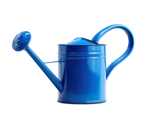 Vibrant blue watering can, glossy finish, against a black background.  A small,  metal watering can,  ideal for gardening,  with a curved handle,  a spout with perforations, and a rounded top