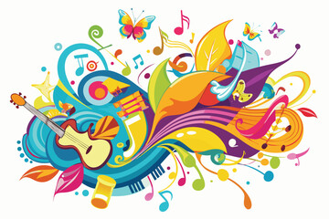 Obraz premium Vibrant abstract explosion of musical notes instruments and colorful swirling shapes