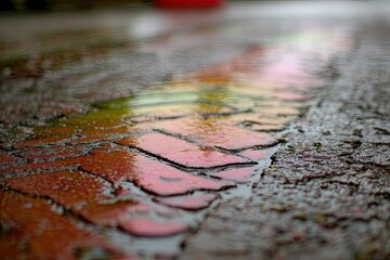 Naklejka premium Close-up of textured wet pavement reflecting colors
