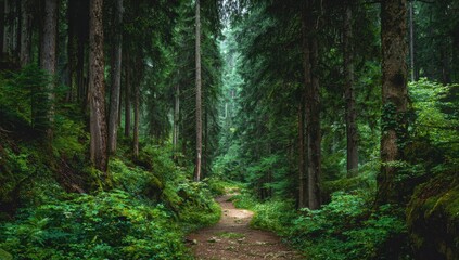 Fototapeta premium A serene pathway winds through a lush green forest, inviting exploration and offering a peaceful escape into nature's embrace.