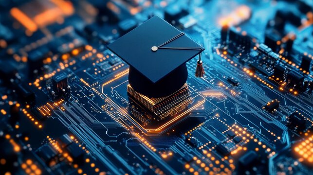Graduation cap on a computer circuit board, symbolizing education and technology.