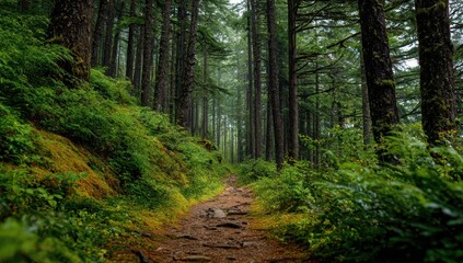 Fototapeta premium A tranquil forest path winds through towering trees, inviting exploration and offering a serene escape into nature's embrace.