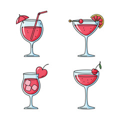 Four different cocktail drinks with various garnishes on a white background