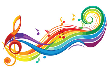 Vibrant rainbow musical staff with treble clef and floating notes creating a dynamic melody