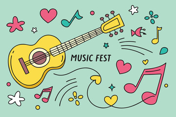 Whimsical hand drawn illustration of a yellow acoustic guitar with musical notes and hearts for a music festival