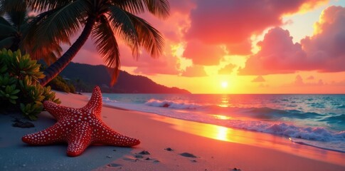 Sunset over palm-lined beach; starfish in foreground, vibrant colors, sky, escape