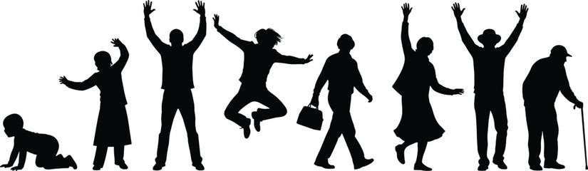 Silhouettes of people at various life stages, diversity, growth, movement, childhood to elderly, human expression, development, aging, poses