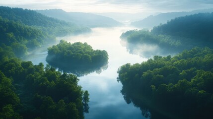 Serene river winding through lush green hills at dawn