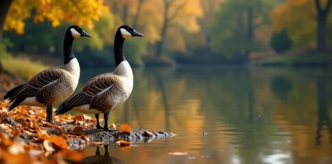 Two Geese Stand Autumnal Pond