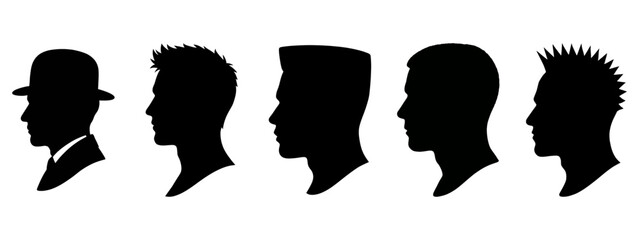 Silhouette of Hair Styles: A striking collection of minimalist black silhouettes showcasing five distinct haircut styles. The shapes highlight the contours of the face and head.