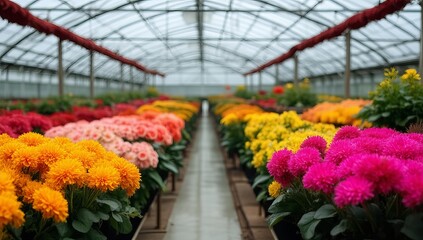Fototapeta premium Colorful flower rows inside modern greenhouse, perspective view