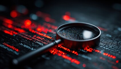 A magnifying glass rests on a filled with illuminated code, symbolizing data analysis and the search for hidden insights within complex information.