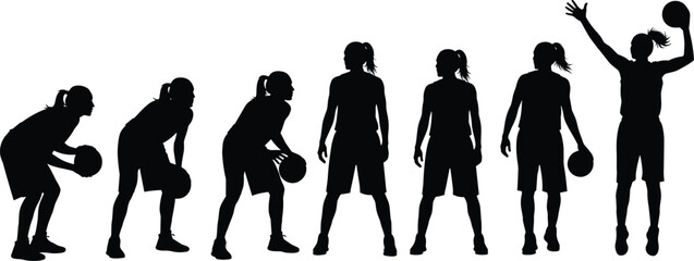 Silhouette of basketball player shooting ball in dynamic motion, high jump action sports fitness training athletic competitive energetic outdoor performance