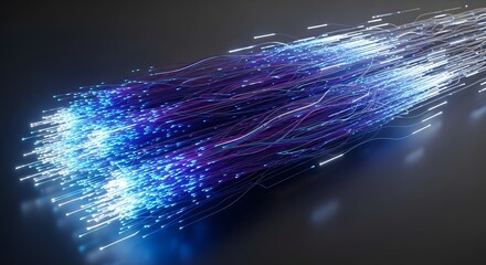 Fiber optic cables glowing with vibrant blue and white light