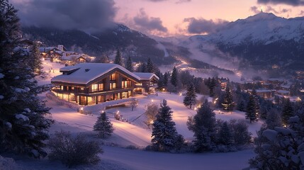 Fototapeta premium A snowy mountain village with illuminated houses and trees at dusk in the winter season scene view