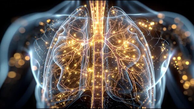Realistic Medical Cutaway of Human Torso with Glowing Organ Tissues and Interstitium