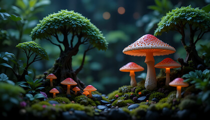Miniature jungle with glowing mushrooms on black background