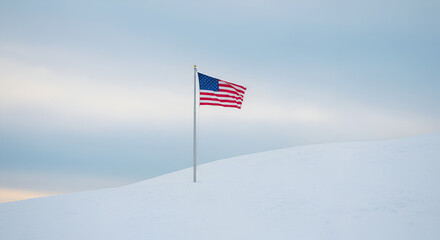 American flag on a snowy hill under a muted sky
