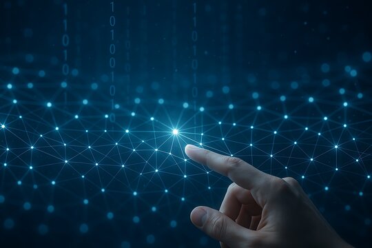 touch interaction on digital glowing point with futuristic network grid and binary code interface for modern data connection and information exchange