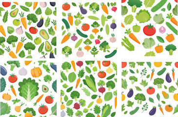 Set of Six Seamless Patterns with Fresh Healthy Vegetables.