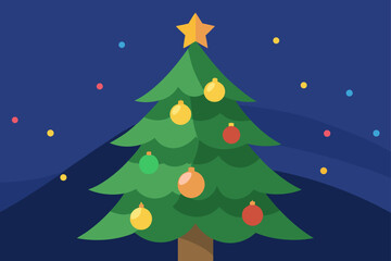 Stylized christmas tree with ornaments and star on dark blue background